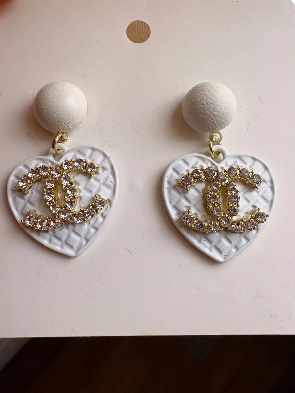 C White Heart Drop Earrings with Gold Crystal Logo